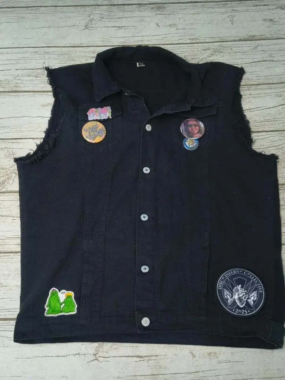 Custom Burning Man Festival Battle Vest Denim Sleeveless Jacket Patches Pins